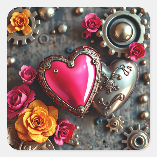 Sticker Carré Coeur rose et engrenages métalliques Steampunk (Devant)