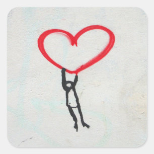 Sticker Carré Coeur rouge avec le personnage en bâton, vivre to