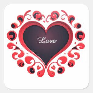 Sticker Carré Cœur Rouge Romantique Avec Des Volutes Ornementale