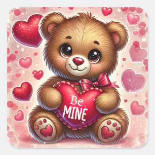 Sticker Carré Cœur rouge Teddy ours Saint-Valentin fête d'annive