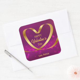 Sticker Carré Coeur Ruban Or Heureuse Sainte-Valentin pourpre