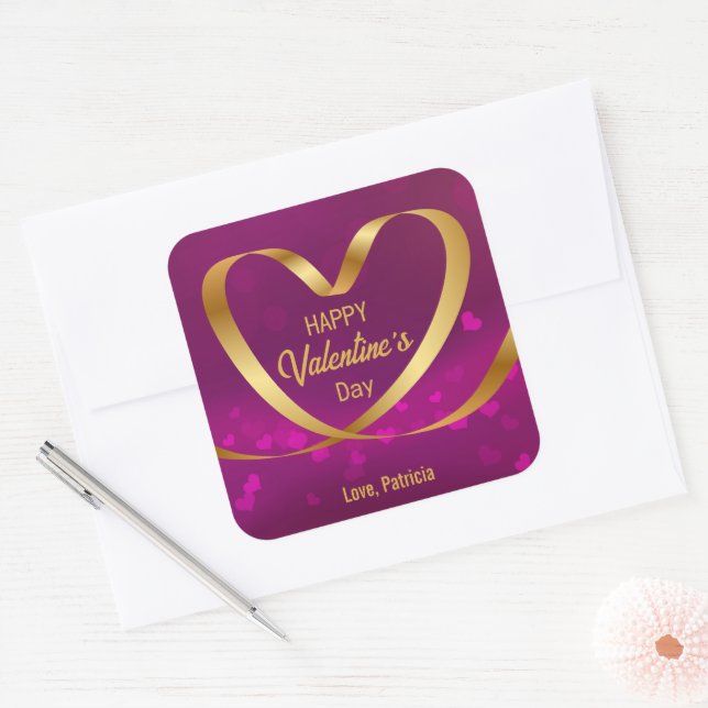 Sticker Carré Coeur Ruban Or Heureuse Sainte-Valentin pourpre (Enveloppe)