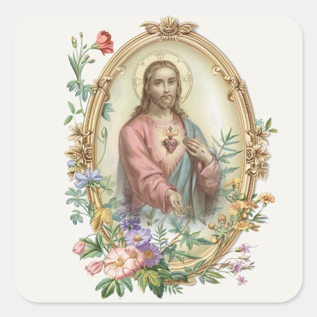 STICKER CARRÉ COEUR SACRÉ DE JÉSUS FLORAL RELIGIEUX (Devant)