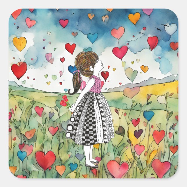 Sticker Carré Coeurs aquarelle et petite fille (Devant)