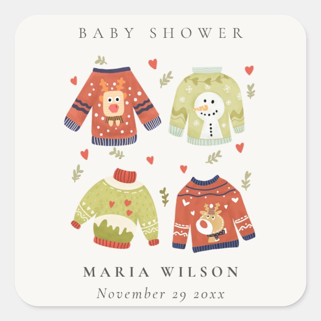 Sticker Carré Coeurs d'hiver mignonnes Baby shower laide et moch (Devant)