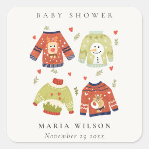 Sticker Carré Coeurs d'hiver mignonnes Baby shower laide et moch