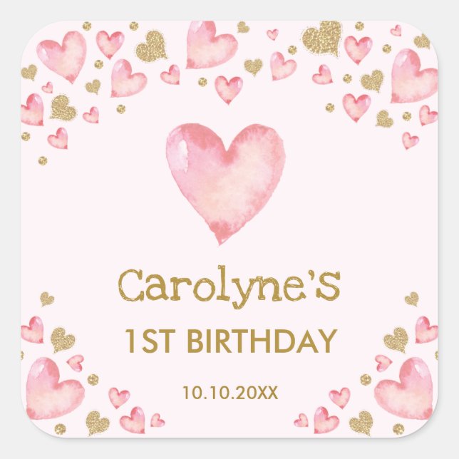 Sticker Carré Coeurs d'or rose Baby shower d'anniversaire amoure (Devant)