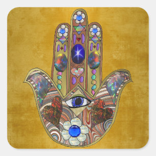 Sticker Carré Cœurs Hamsa Fleurs Opale Art sur Or