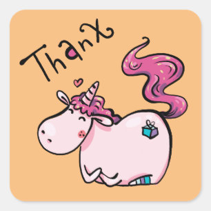 Sticker Carré cœurs mignons licorne rose merci