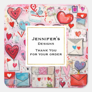 Sticker Carré Coeurs Whimsical et lettres d'amour Biz Merci