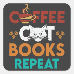 Sticker Carré Coffee Cat Books Repeat, Lecture de café Amoureux 