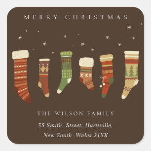 STICKER CARRÉ COFFEE RED GREEN STAR CHIRSTMAS STOCKINES ADRESSE
