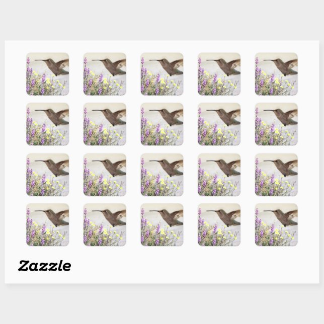 Sticker Carré Colibri et Fleur sauvage Art numérique Accent Pi (Feuille)
