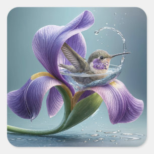Sticker Carré Colibri Se Baigner Dans Une Fleur D'Iris