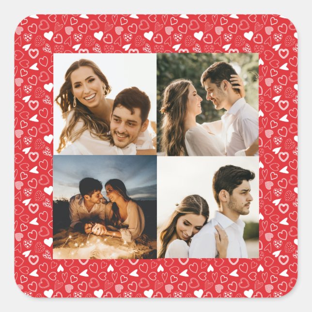 Sticker Carré Collage de photos personnalisé motif coeurs rouge (Devant)