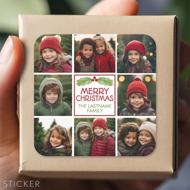 Sticker Carré Collage photo de Noël avec pin rustique (Custom Sticker - Personalize with your info for a party favor or gift)