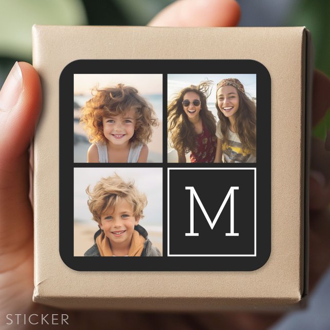 Sticker Carré Collage photo tendance noir et blanc avec Monogram (Custom Sticker - Personalize with your info for a party favor or gift)