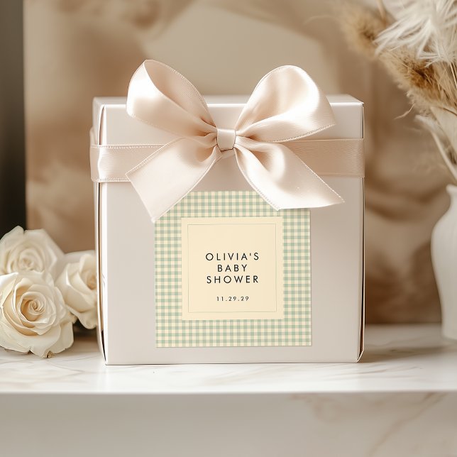 Sticker Carré Collection de Baby showers En vichy verts de Sage  (Gingham Baby Shower Sticker )
