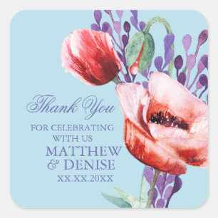 Sticker Carré Collection de Pavots avec Fond Bleu en Sucre Filé 