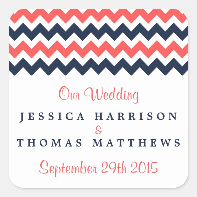 Sticker Carré Collection Mariage moderne Chevron Marine & Coral (Devant)