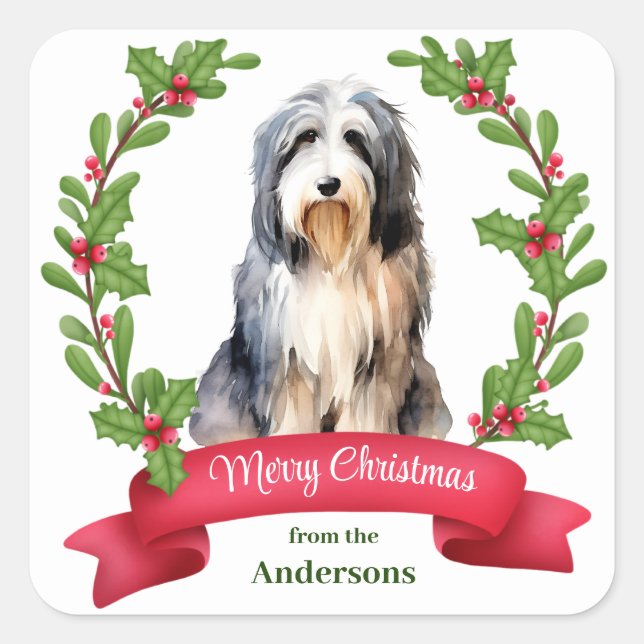 Sticker Carré Collie Dog Holly Banner Noël (Devant)