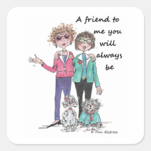 Sticker Carré Color Sketch Art Two Girl Friends animaux ensemble