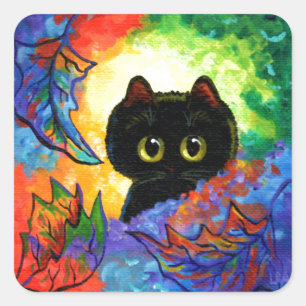 Sticker Carré Coloré Cute Chat Noir Chat Chute Feuilles Création