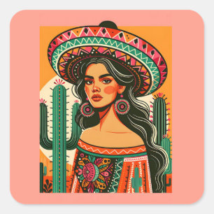 Sticker Carré Coloré mexicain Fiesta Cactus