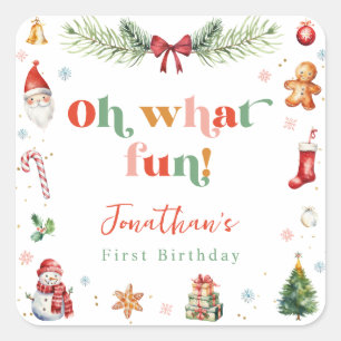 Sticker Carré Coloré Oh What Fun 1er Noël mignon Anniversaire