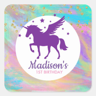 Sticker Carré Colorée Or Speckled violet Unicorn Anniversaire