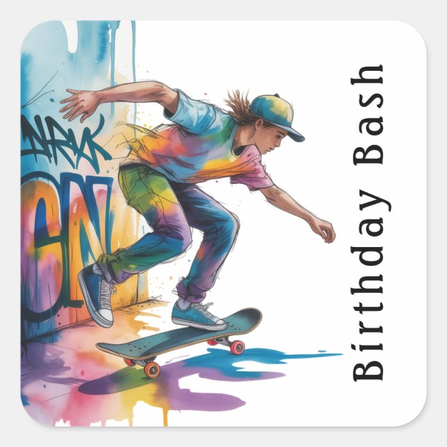 Sticker Carré Colorful Graffiti Boy Birthday Bash (Devant)