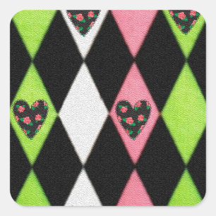 Sticker Carré Colorful harlequin Print with Rose Hearts