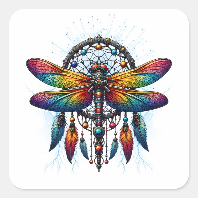 Sticker Carré Colorful Psychedelic Dragonfly Dreamcatcher Boho (Devant)