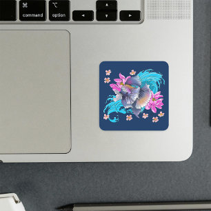 Sticker Carré Combattant du Siam Lotus Vagues Bleu