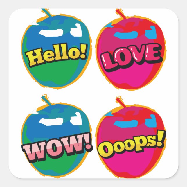 Sticker Carré Comic Wow Hello Love Pink Apple Pop Art (Devant)