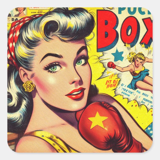 Sticker Carré Comics pour filles de boxe rétro (Devant)