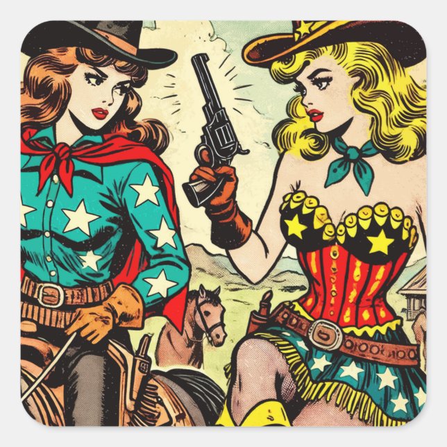 Sticker Carré Comics Western Cowgirl vintage (Devant)