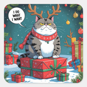 Sticker Carré Conception de Noël de chat grincheux drôle – Gros