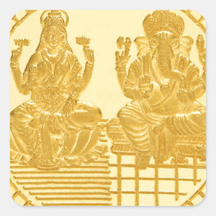 STICKER CARRÉ CONCEPTION DE PIÈCE D'OR DE LAKSHMI ET DE GANESH