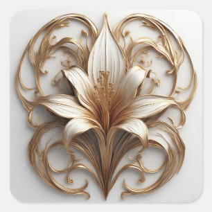 Sticker Carré Conception Ornementale Élégante Fleur de Lys Dorée