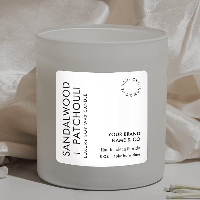 Sticker Carré Conditionnement simple moderne de bougie noir blan (Simple, yet elegant, candles label with fully editable text & colors)