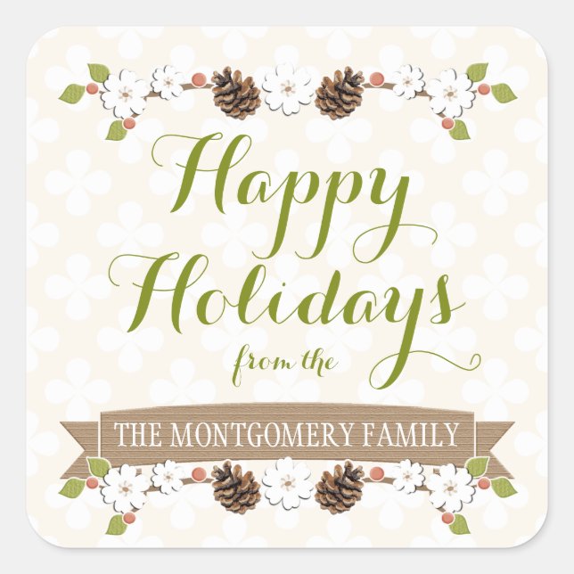 Sticker Carré Cône de pin et laurier à fleurs avec baies (Devant)