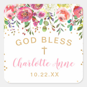 Sticker Carré Confet d'or rose floral Baptême merci pour