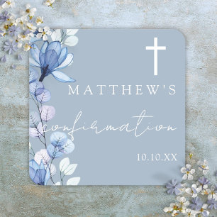 Sticker Carré Confirmation florale élégante bleu Dusty