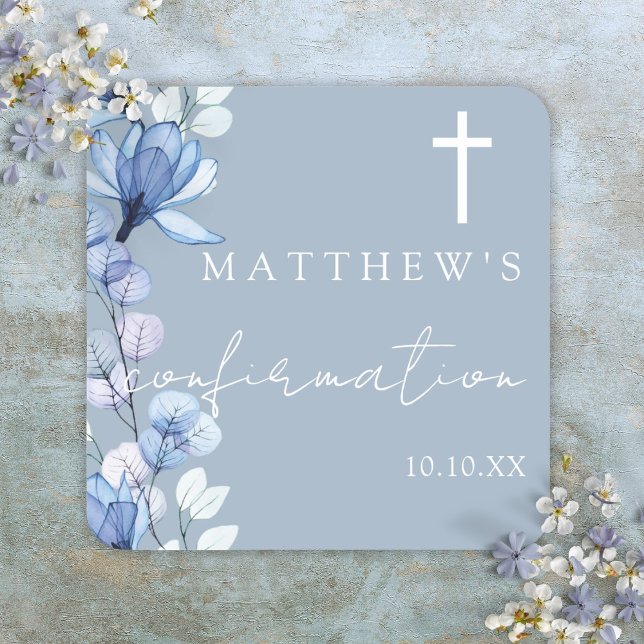 Sticker Carré Confirmation florale élégante bleu Dusty (Dusty Blue Elegant Floral Confirmation Square Sticker)