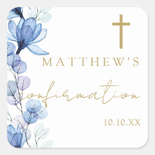 Sticker Carré Confirmation florale élégante bleu Dusty