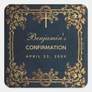 Sticker Carré Confirmation Marine Blue Elegant Vintage Gold Vine