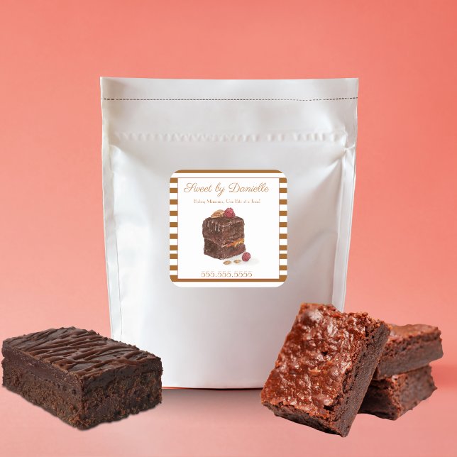 Sticker Carré Confiserie Brownie à l'aquarelle (Great logo sticker for your home bakery business or food gifts.)