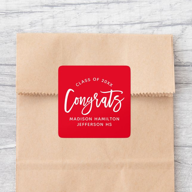 Sticker Carré Congrats Moderne Script Graduation Rouge (Créateur téléchargé)