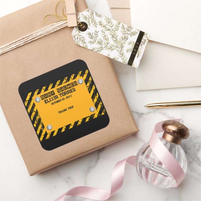 Sticker Carré Construction Baby shower jaune et noir (Cadeaux)
